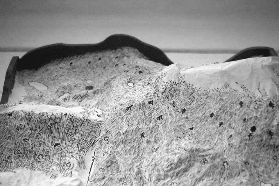 Mircea Modreanu, Soul Chambers (Jiu Valley diorama), touche on paper-mache, 300x100cm, 2026 (detail)